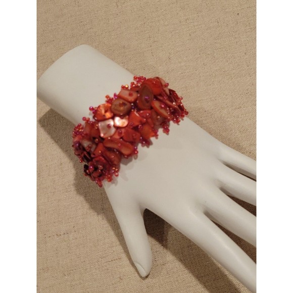 Red Sea Shell Dyed Mother of Pearl & Seed Bead Woven Wide Band Bracelet - Picture 2 of 4